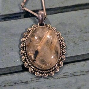 Vintage Large Sterling 925 Rutile Quaartz Pendant Necklace